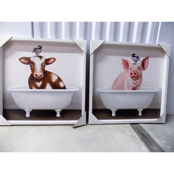 NEW Cow Pig Bird In Bath Tub By E. Robinette Tyndall Painting Print Country Farm - Picture 1 of 7